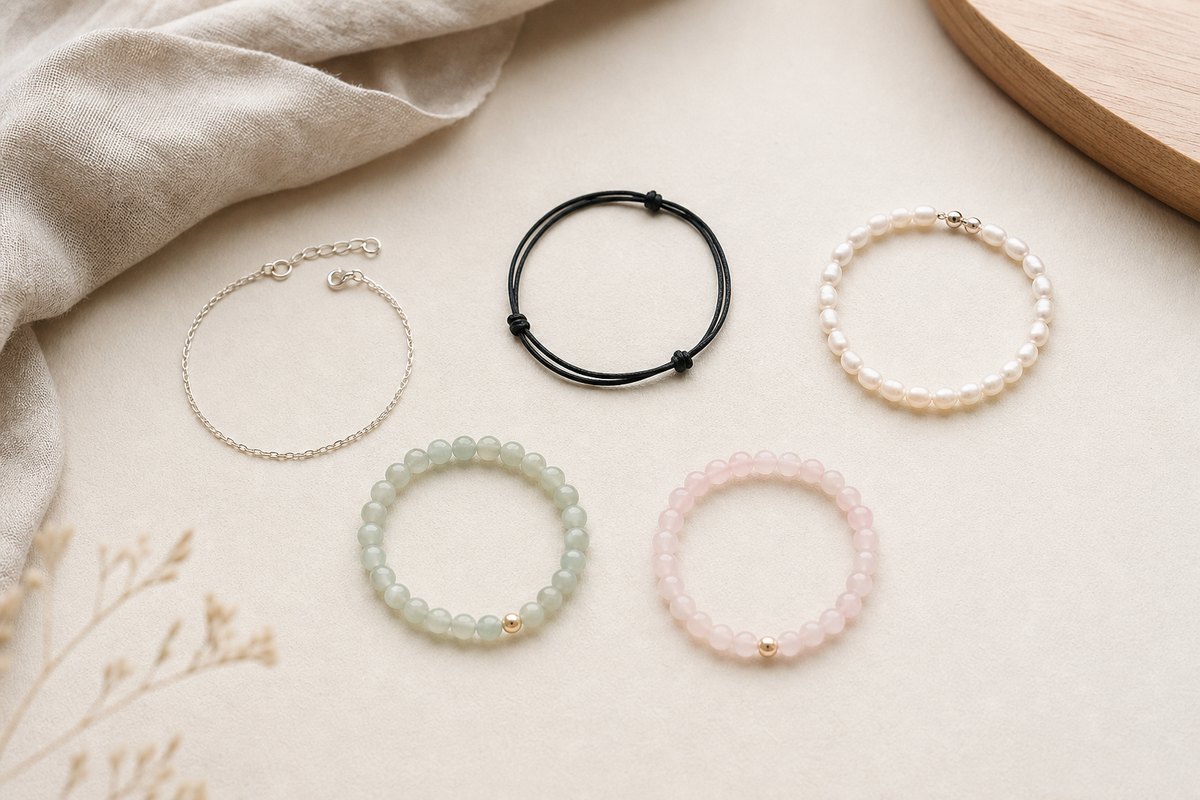 Understated silver, cord, pearl, jade, and rose quartz bracelets arranged with generous empty space