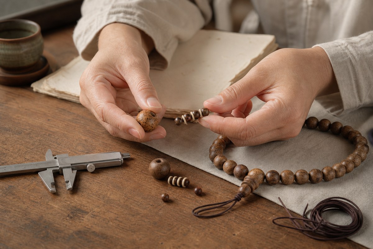An artisan comparing marker beads, spacer discs, and fittings beside a partially strung wooden mala