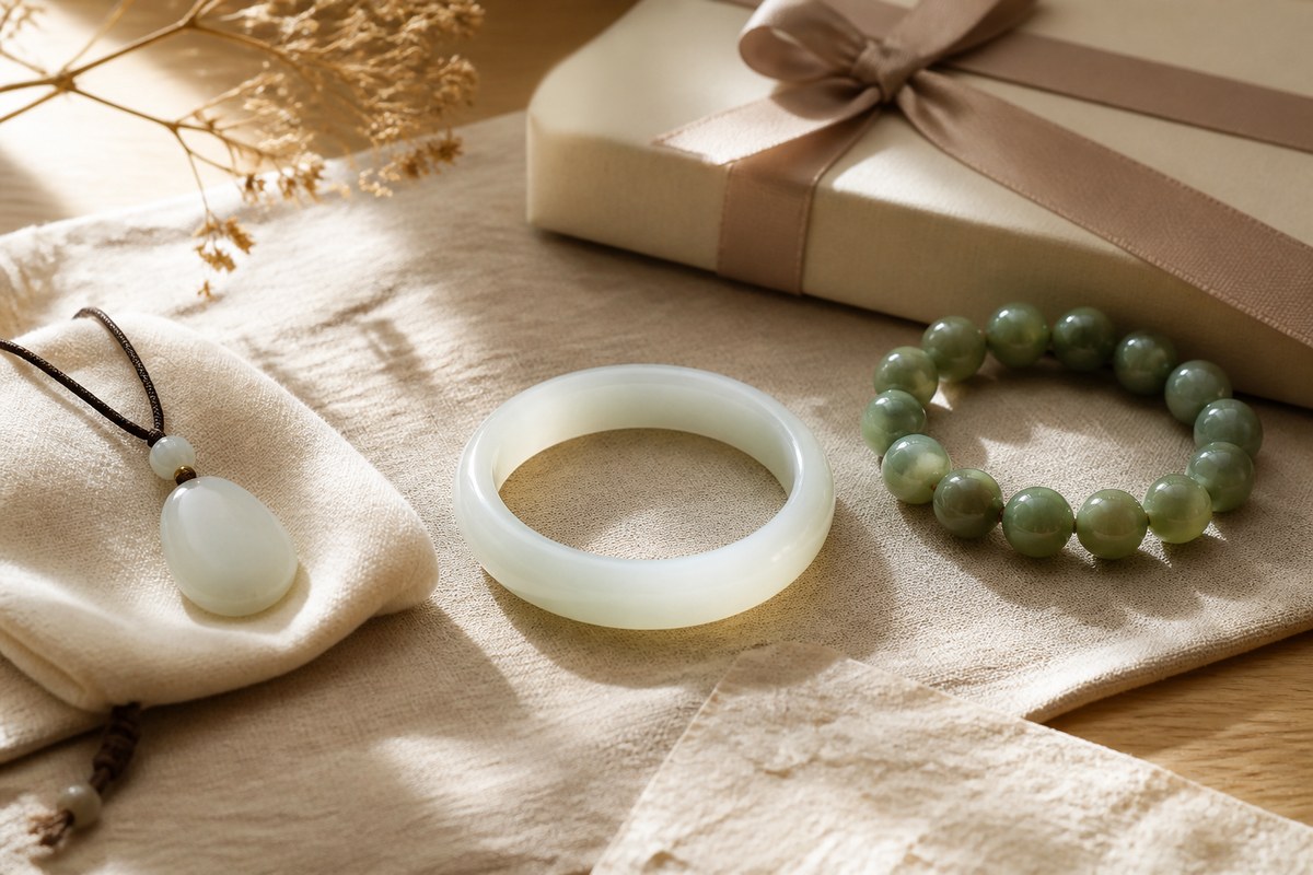 Simple jade pendant, pale bangle, and deeper green bead bracelet arranged with a gift box