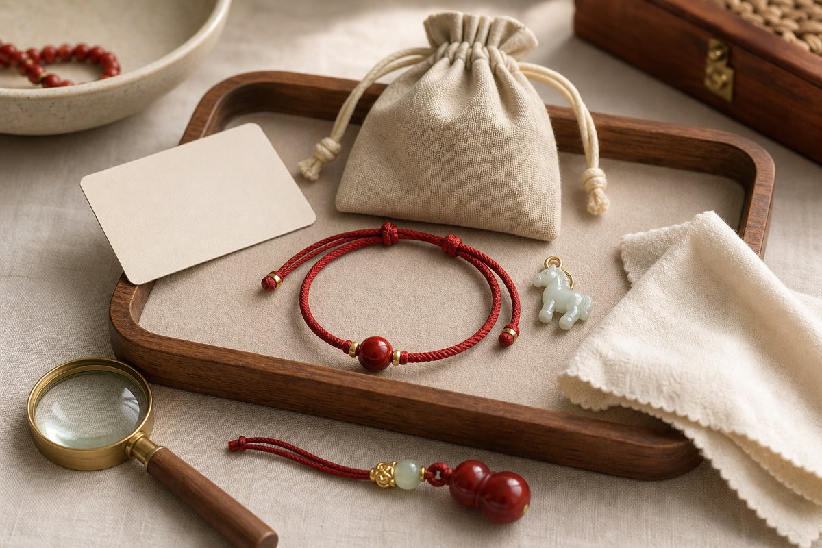 Intact red bead bracelet, soft pouch, blank card, cloth, and magnifying glass for cinnabar buying safety