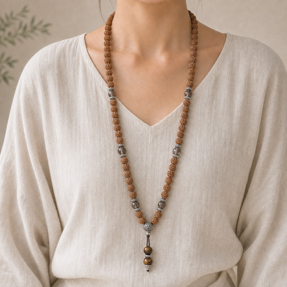 Cloud Path 108-Bead Bodhi Seed Mala, faceless long-necklace view from collarbone to waist