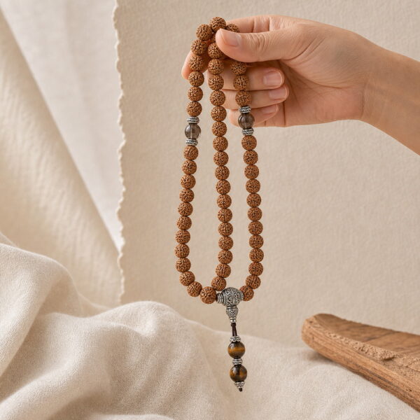 Cloud Path 108-Bead Bodhi Seed Mala - Handheld Drape Cloud Path 108-Bead Bodhi Seed Mala, mala draped naturally from one hand