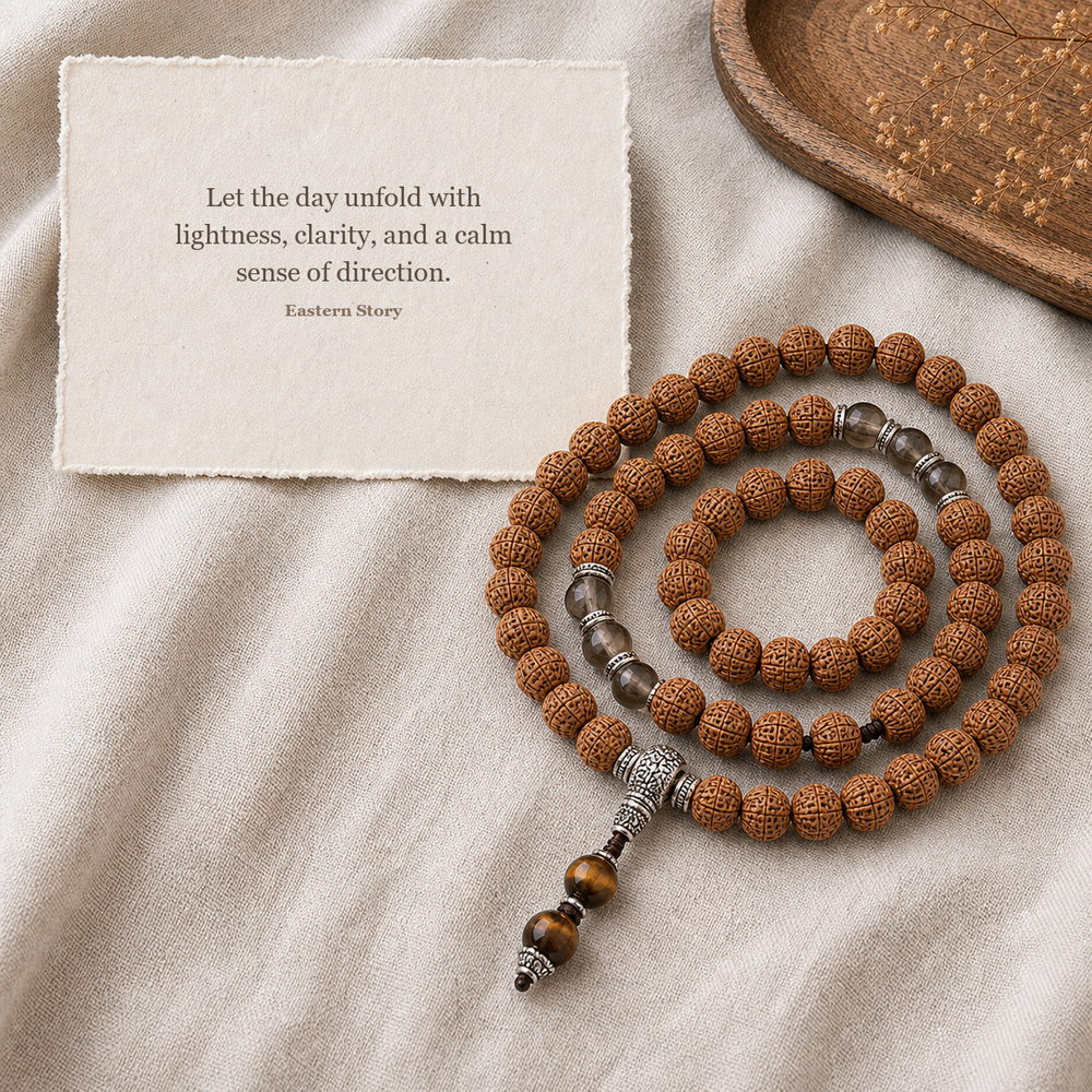 Cloud Path 108-Bead Bodhi Seed Mala, mala on premium textile with a meaning card