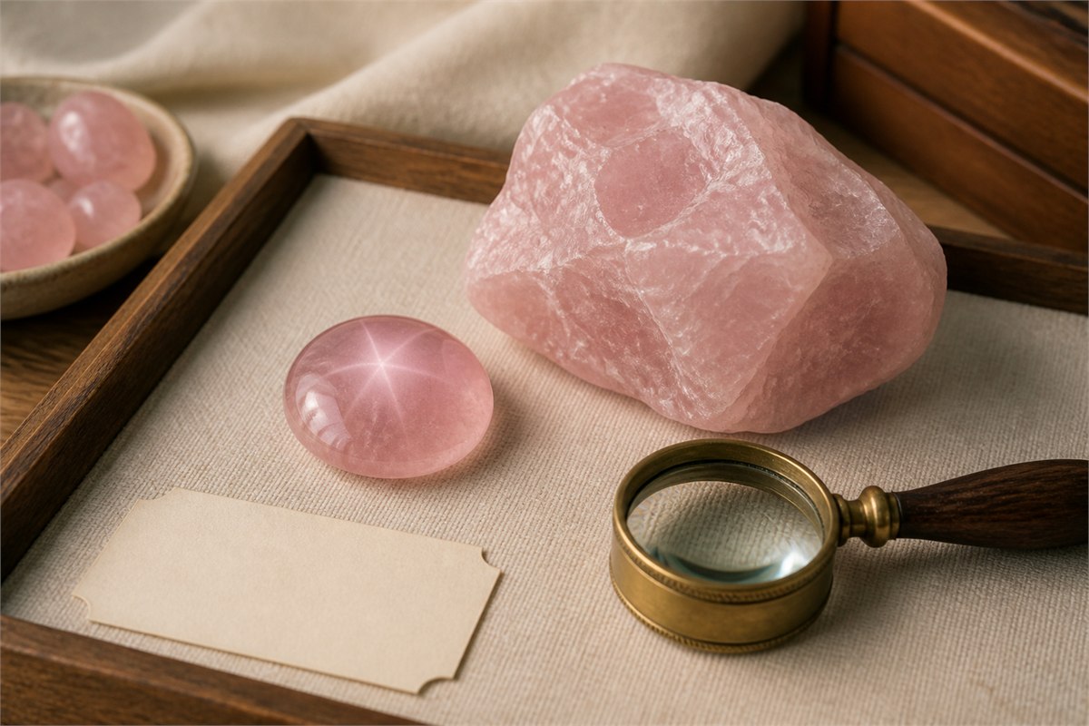 Collector-style rose quartz cabochon, specimen, and loupe on a neutral tray