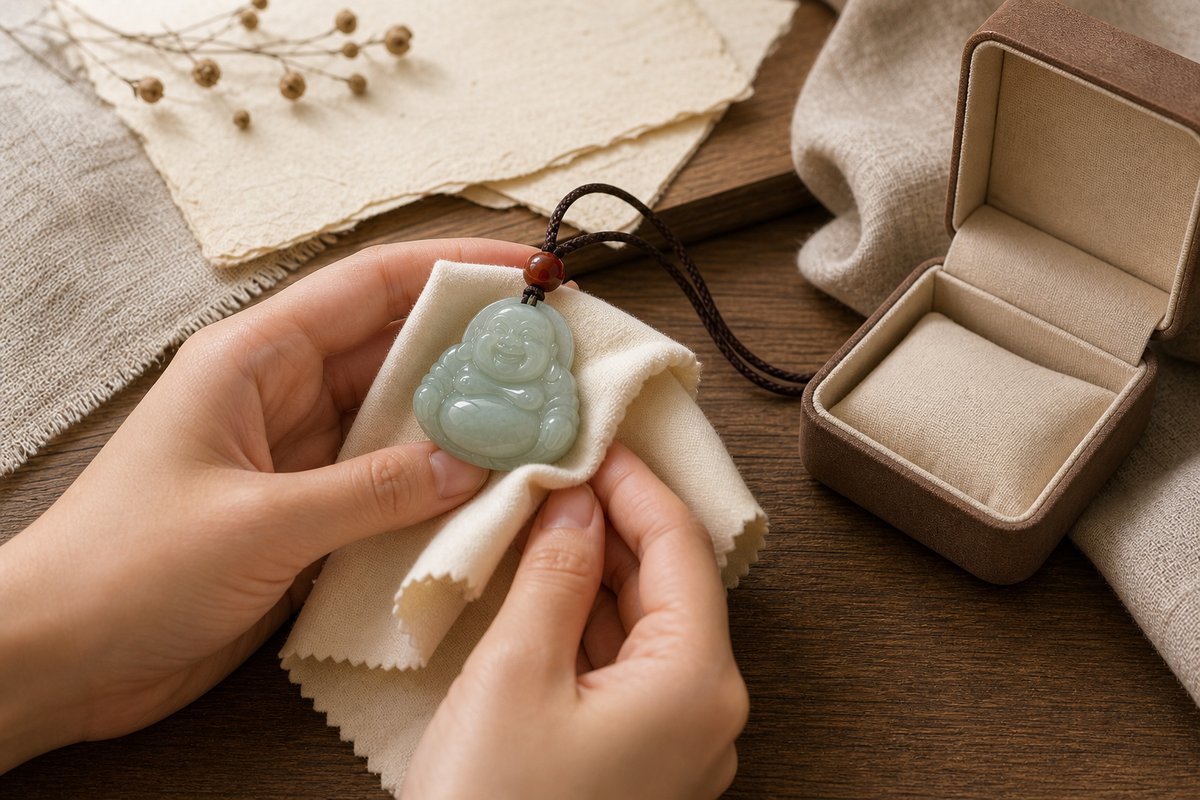 Jade Buddha pendant gently wiped with a soft cloth beside a lined storage box