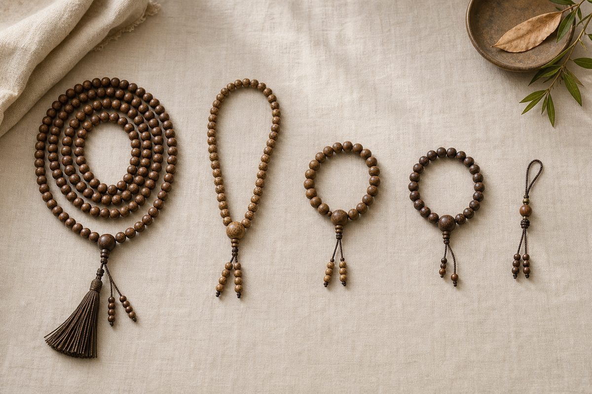 Several Buddhist bead strands of different practical lengths arranged separately on neutral cloth