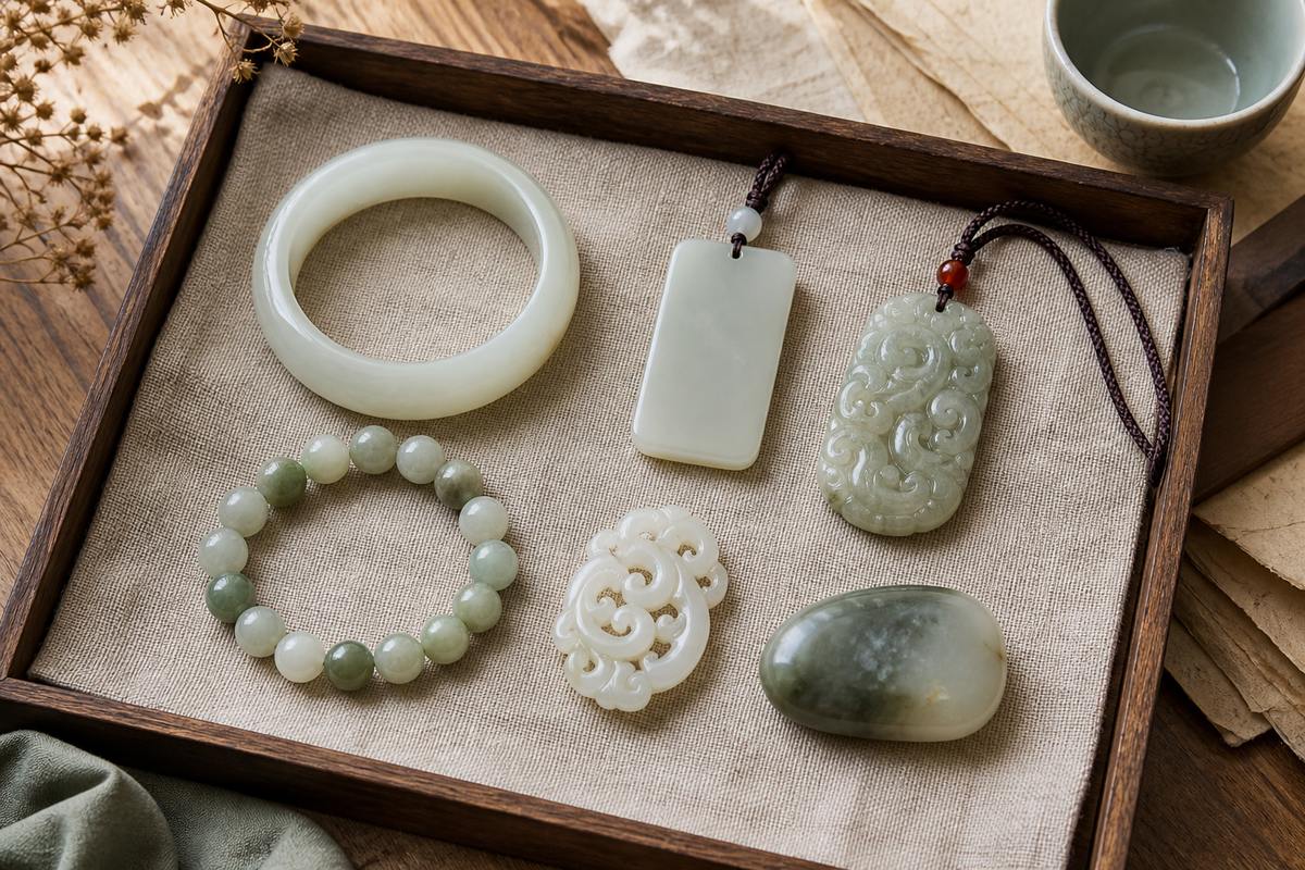 Smooth bangle, plain pendant, relief-carved pendant, bead bracelet, openwork carving, and polished pebble