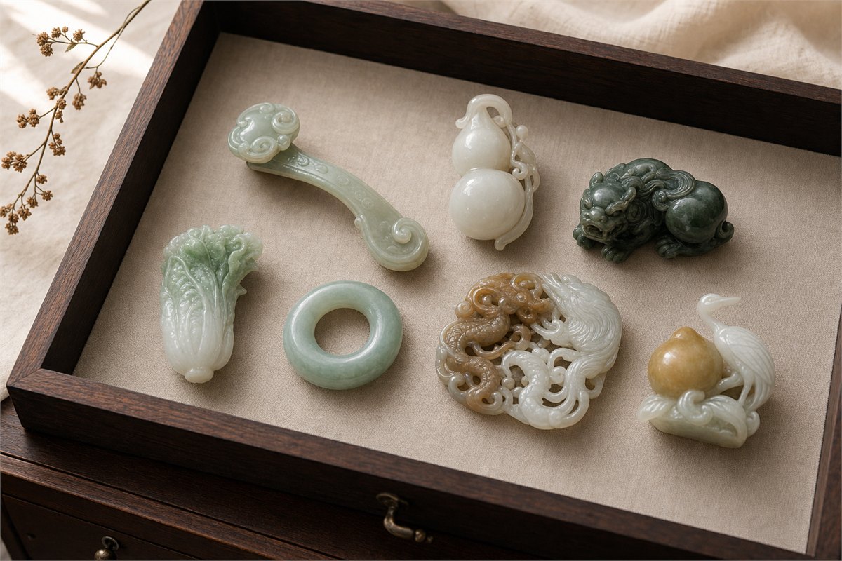Jade carvings of ruyi, gourd, Pixiu, cabbage, safety buckle, dragon and phoenix, and longevity symbols