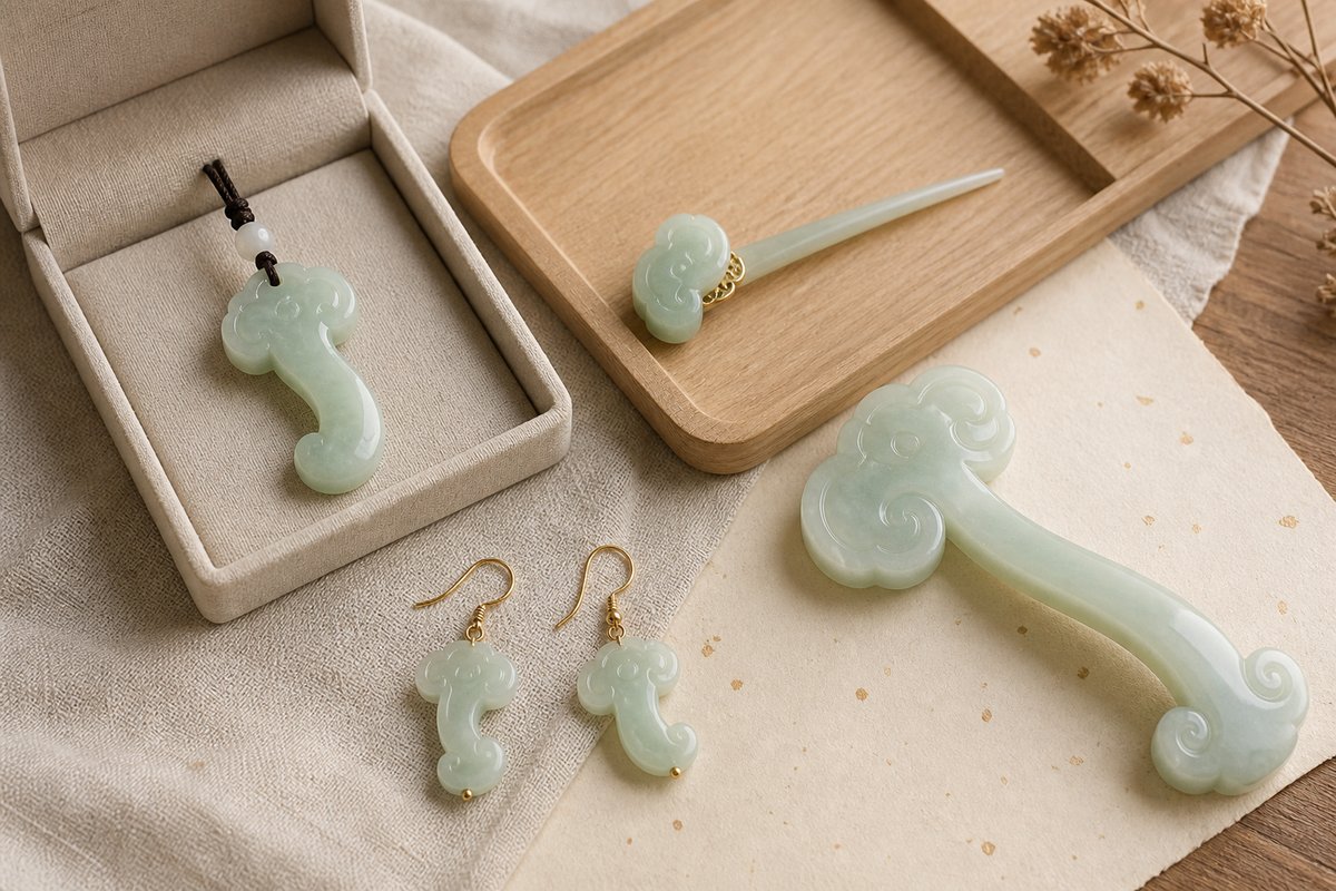 Jade Ruyi pendant, hairpin-like piece, earrings, and small ornament arranged on linen