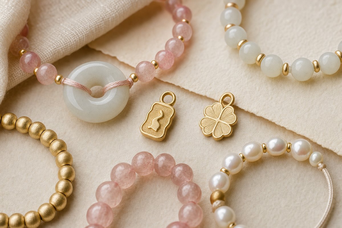 Jade peace buckle, small charms, gold beads, rose quartz, pale jade, and pearls shown in close detail