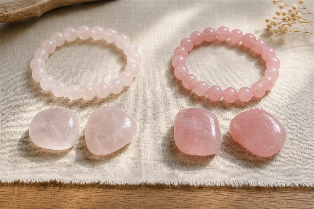 Two rose quartz bracelets and polished stones compared side by side under the same soft light