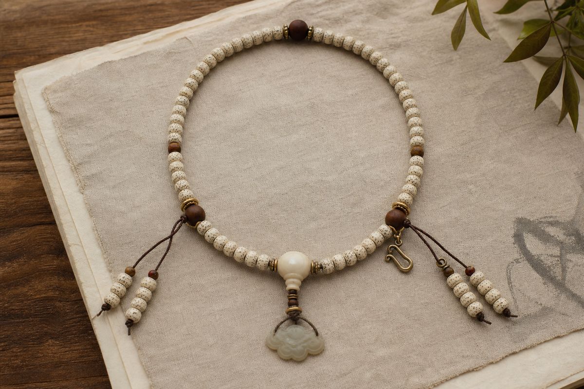 A fitted mala arranged to show its mother bead, quarter markers, counters, back pendant, and disciple beads