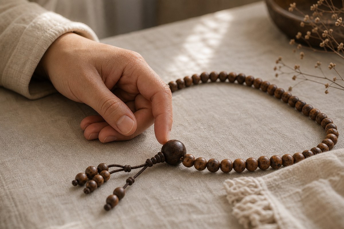 A hand resting at the mother bead after completing a round of wooden mala beads