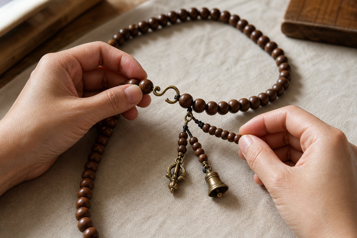 Hands using a wooden mala with two counter strands and a small metal counting clip