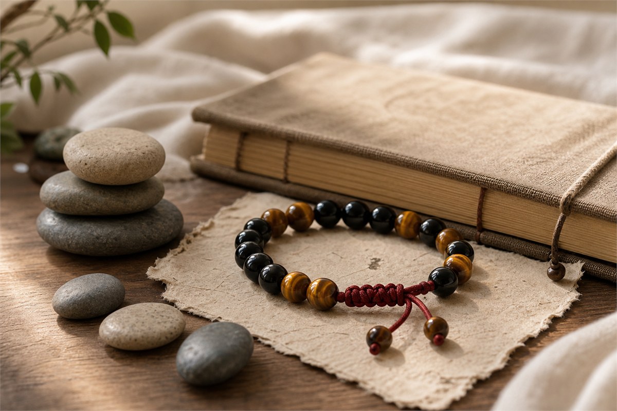 Strength bracelet beside a closed notebook, warm light, and grounded stones representing courage and willpower