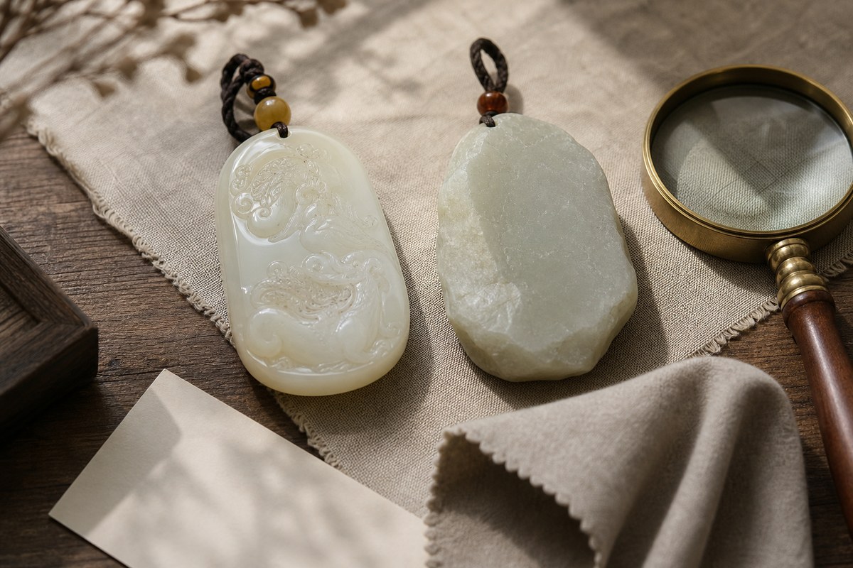 Finely polished jade pendant beside rougher pendant blank with magnifying glass and cloth