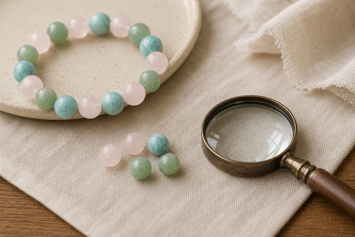 Three-stone crystal bracelet and beads beside a magnifying glass on cream linen
