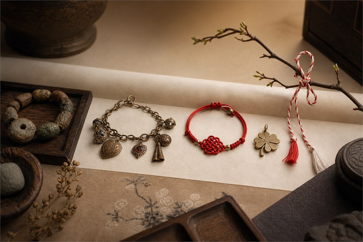 Museum-style timeline of early amulet beads, charm bracelet, red cord, clover charm, and red-white spring thread