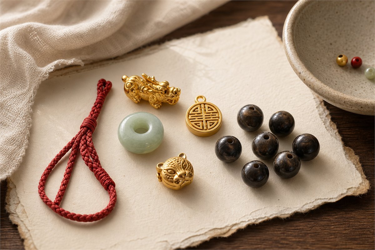 Bracelet elements with Pixiu, red cord, Fu charm, animal totem shapes, gold and jade symbols of strength