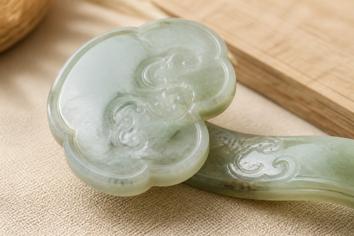 Close-up of a pale green jade Ruyi head with cloud-like curves and carved surface detail