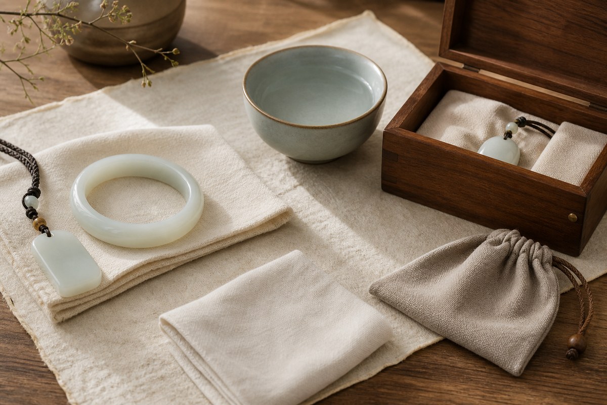 Hetian jade bangle, pendant, cotton cloth, ceramic water bowl, wooden storage box, and plain pouch