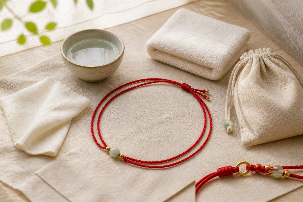 Red string waist chain beside a soft cloth, ceramic water bowl, towel, and linen pouch
