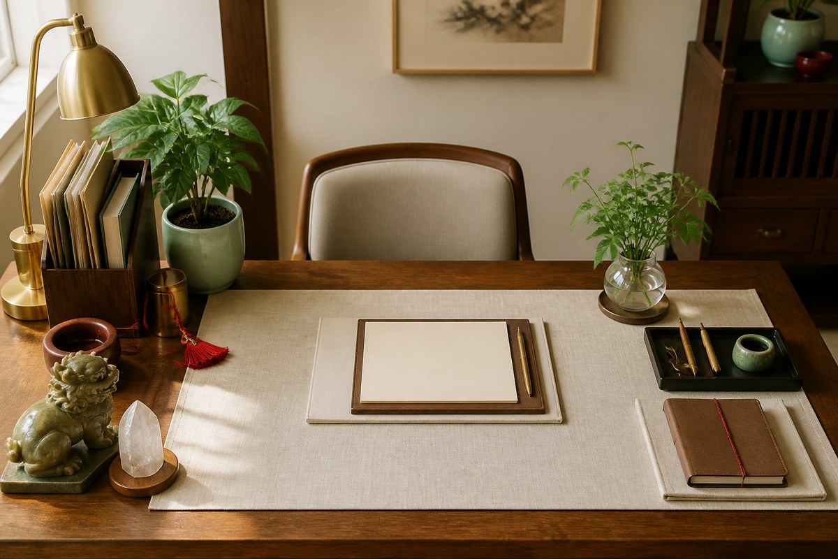 Warm office desk with taller lamp, plant, and files on the left, lower notebook and tray on the right, and clear front workspace