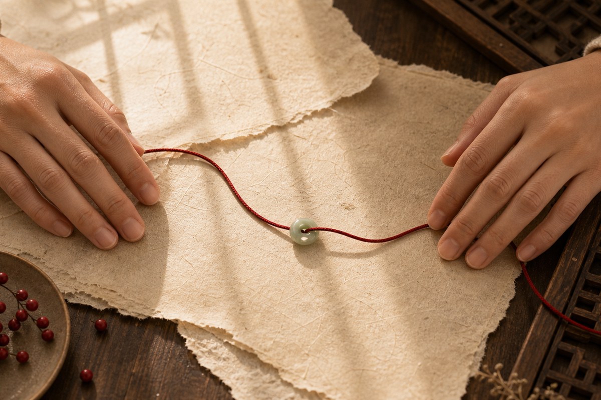 Hands arranging a red thread and jade bead on handmade paper for a simple bracelet craft