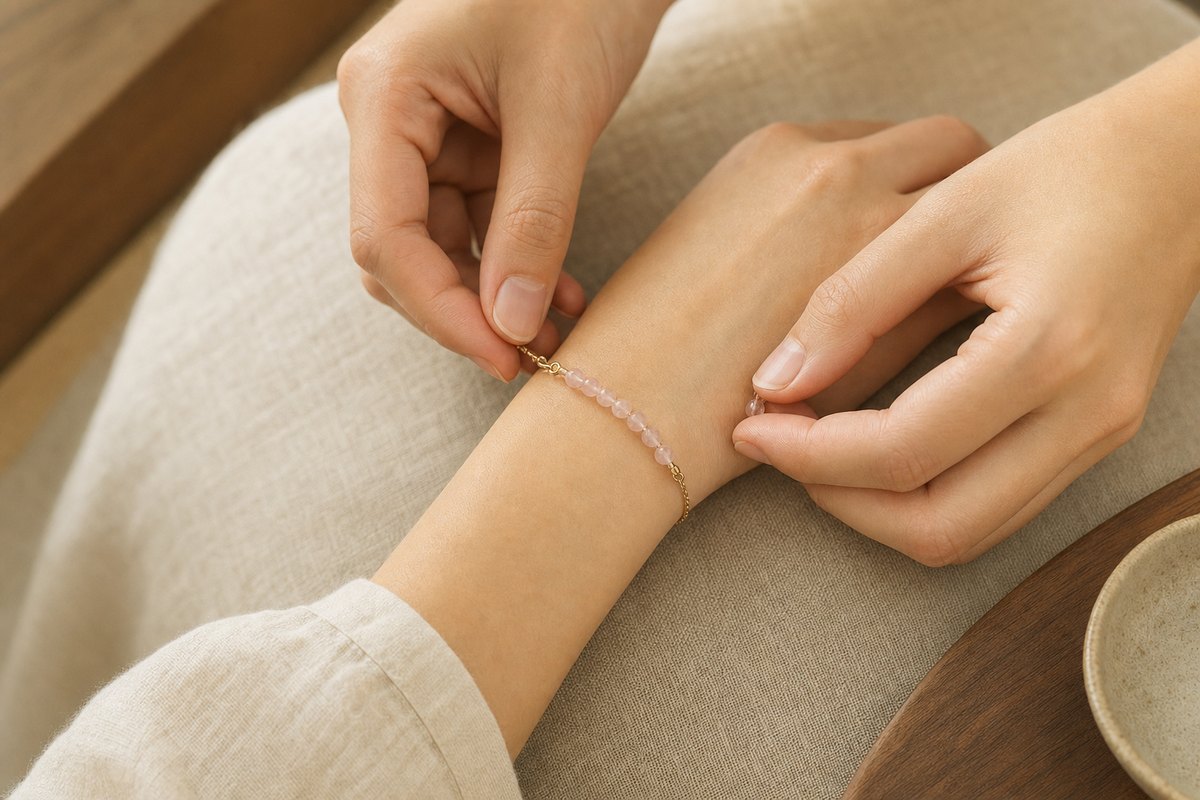 One hand gently fastening a delicate bracelet onto another wrist in soft natural light