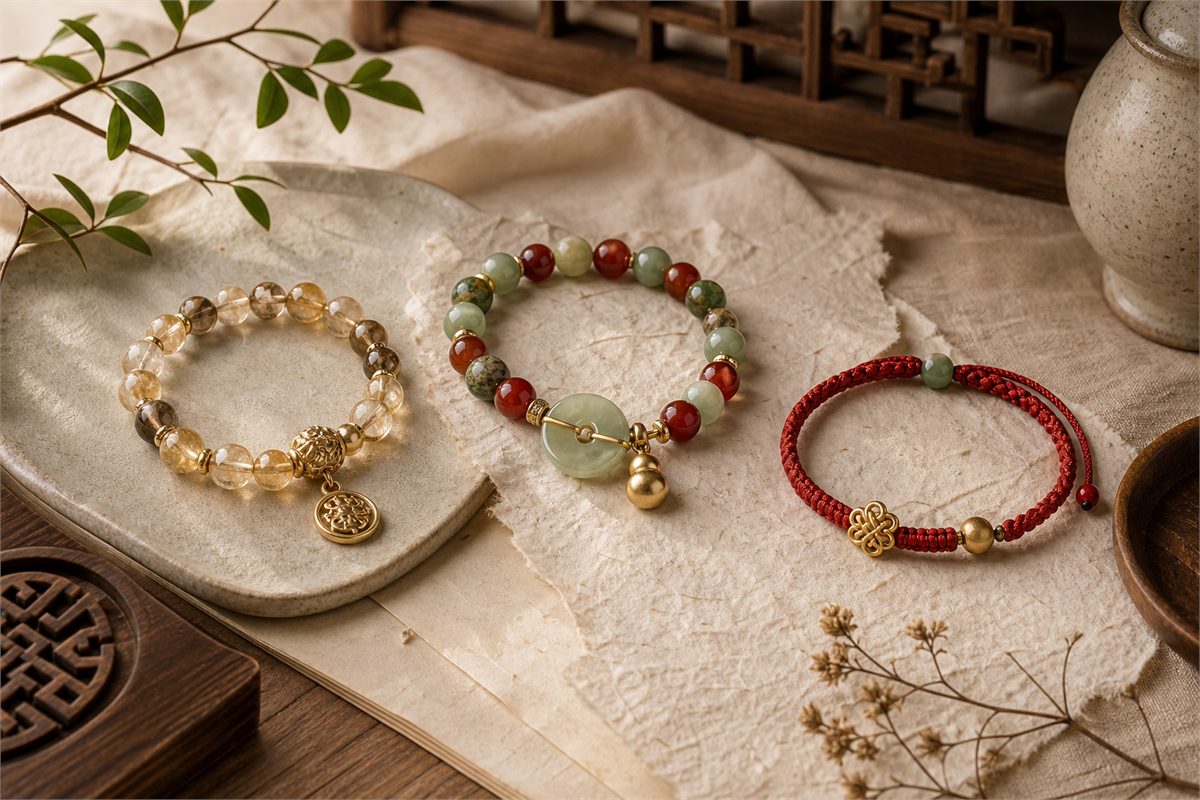 Good fortune gemstone and jade red stone bracelets arranged in Eastern Story warm natural style