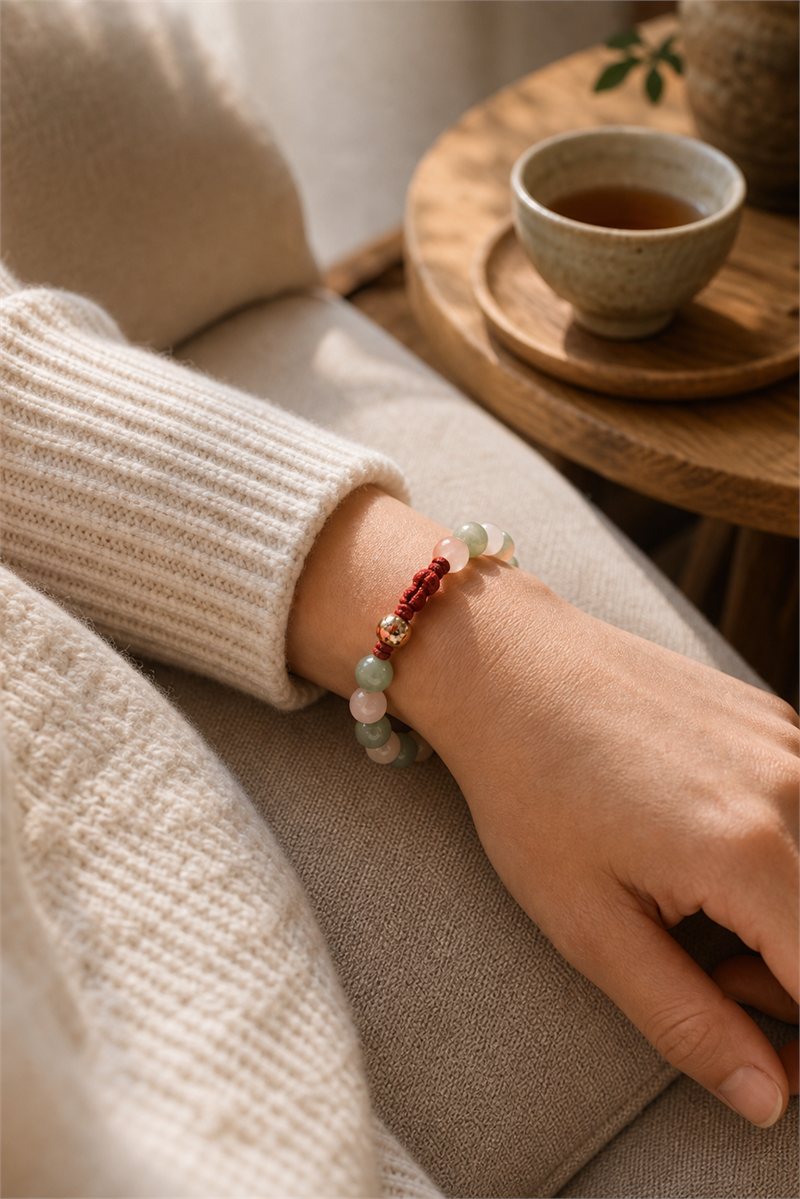 A jade bracelet worn on the wrist in soft natural light with warm neutral styling