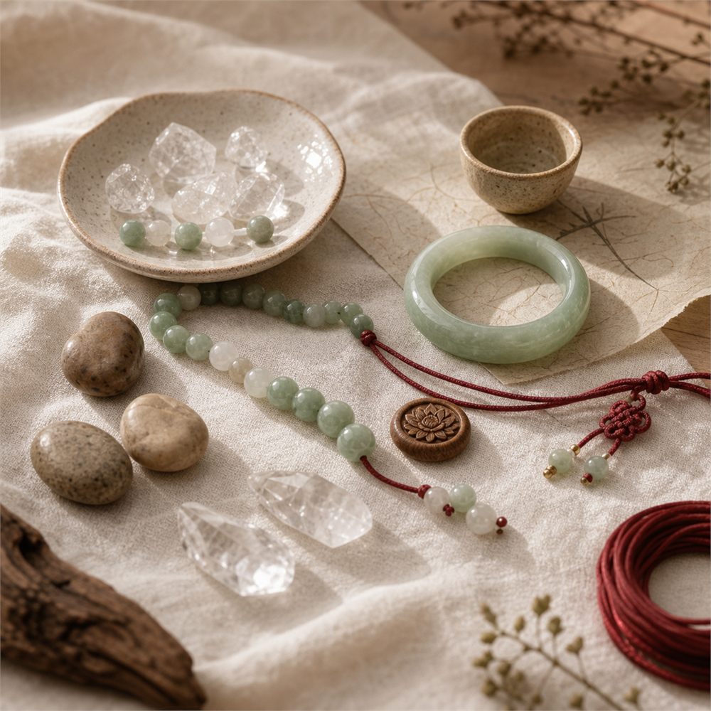 Jade, clear quartz, red cord, and natural materials arranged on a warm neutral surface