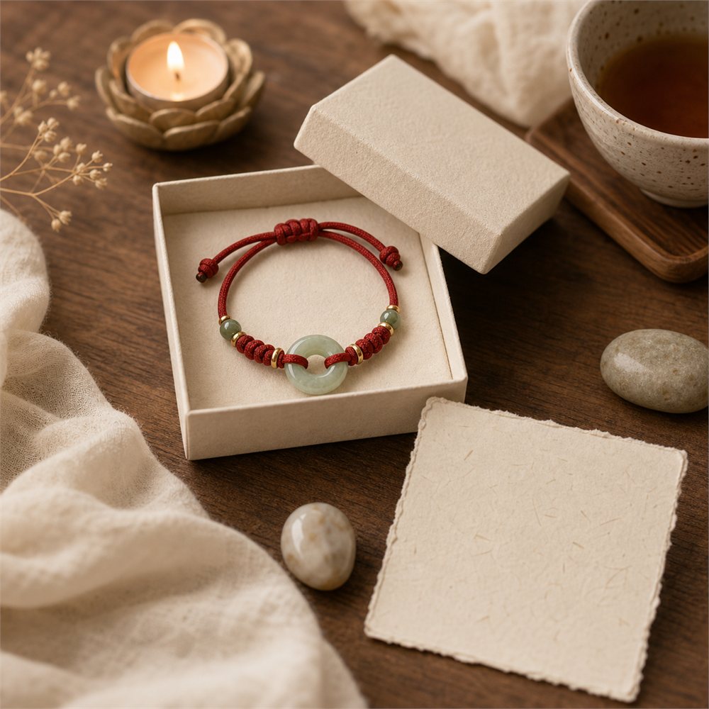 A jade bracelet presented as a meaningful gift with warm paper, fabric, and natural light