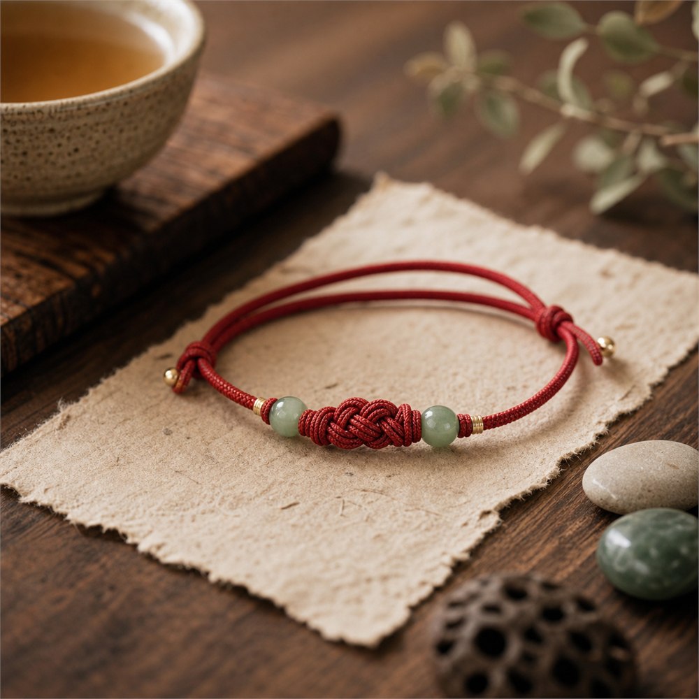 Red cord jade bracelet arranged on warm paper and wood with soft natural light