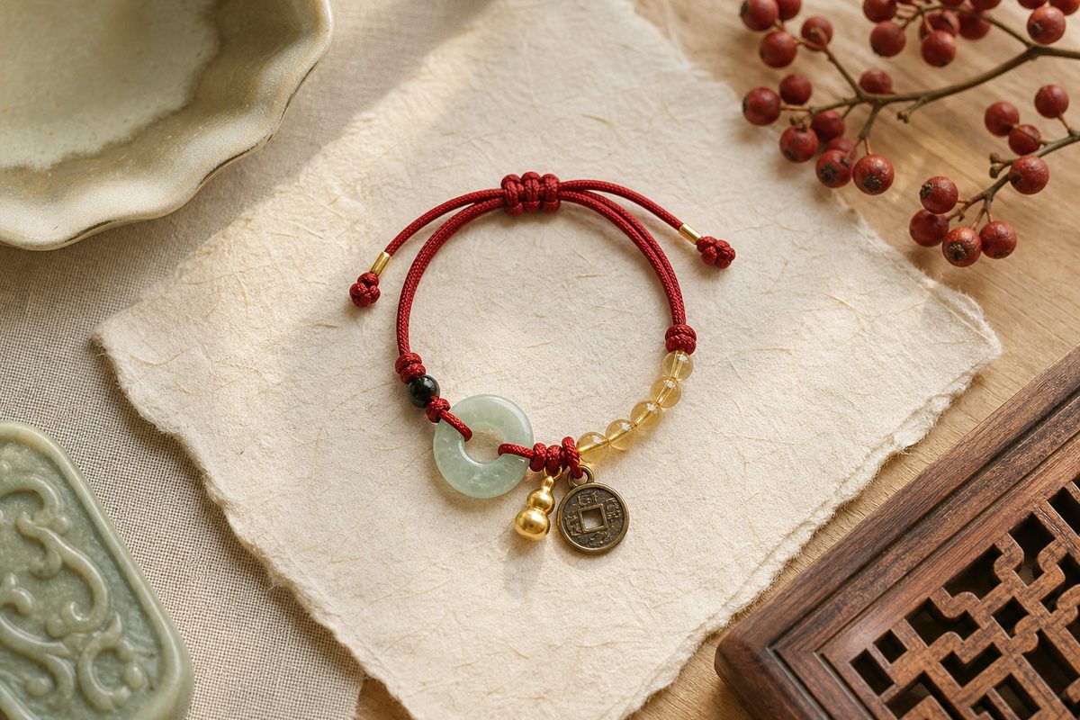 Red string bracelet with jade ring, gold bead, and symbolic coin charm on handmade paper