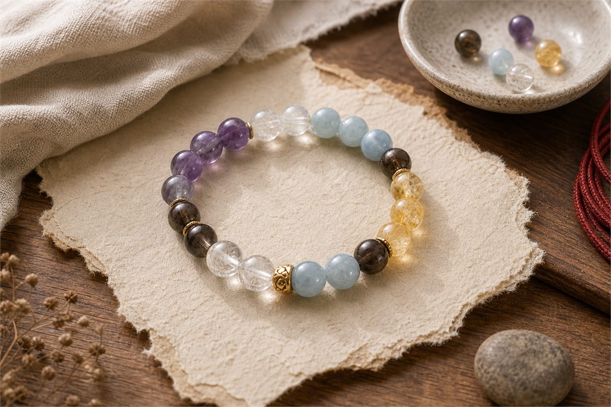 Eastern Story style gemstone strength bracelet with amethyst, aquamarine, citrine, and warm neutral materials
