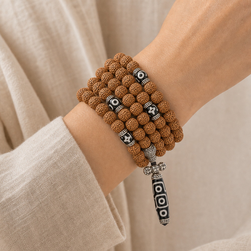 Enduring Blessing 108-Bead Bodhi Seed Mala, faceless multi-wrap wrist view
