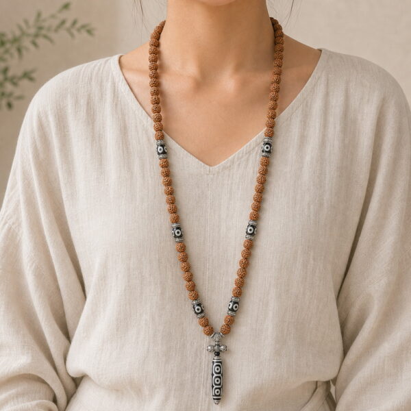 Enduring Blessing 108-Bead Bodhi Seed Mala - Long Necklace Enduring Blessing 108-Bead Bodhi Seed Mala, faceless long-necklace view from collarbone to waist