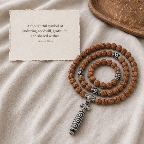 Enduring Blessing 108-Bead Bodhi Seed Mala - Meaning Card Enduring Blessing 108-Bead Bodhi Seed Mala, mala on premium textile with a meaning card