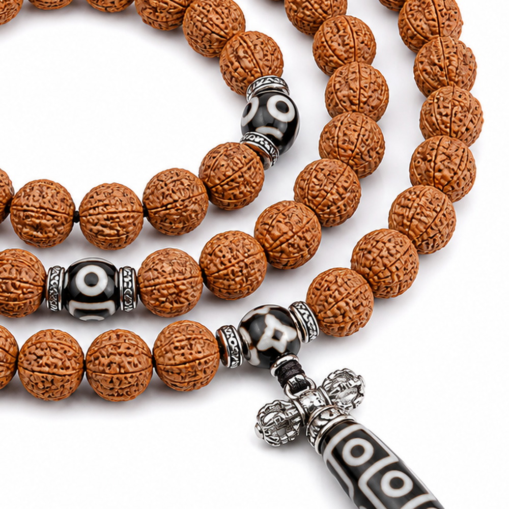 Enduring Blessing 108-Bead Bodhi Seed Mala, close detail of seed texture, accent beads, connector, and drop
