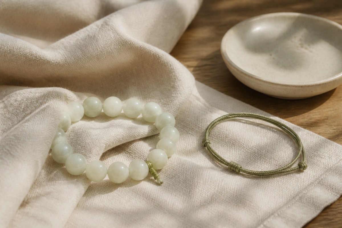 Pale Hetian jade bead bracelet on soft linen with plain unmarked cotton cord and ceramic dish