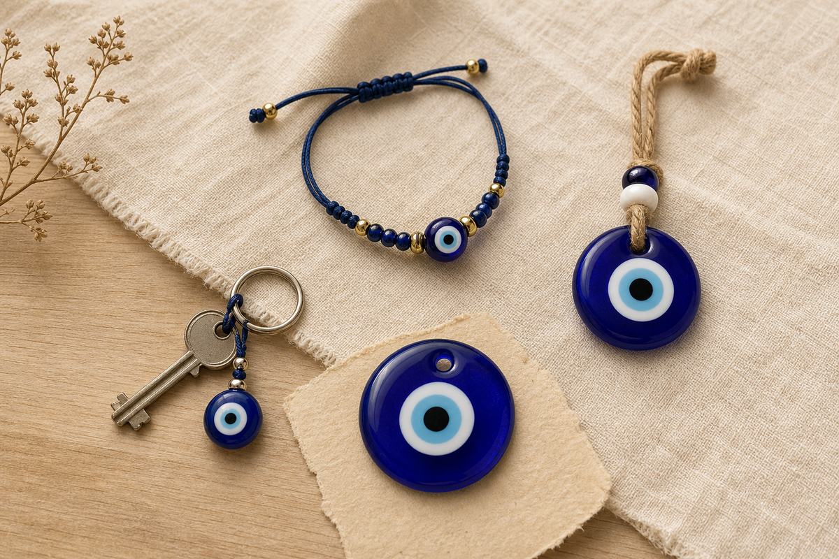 Blue Nazar amulet bead, bracelet, key charm, and small charm arranged on warm linen
