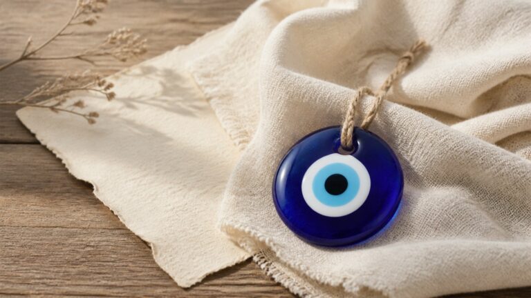 Blue and white Nazar Boncugu evil eye amulet on warm ivory linen and wood