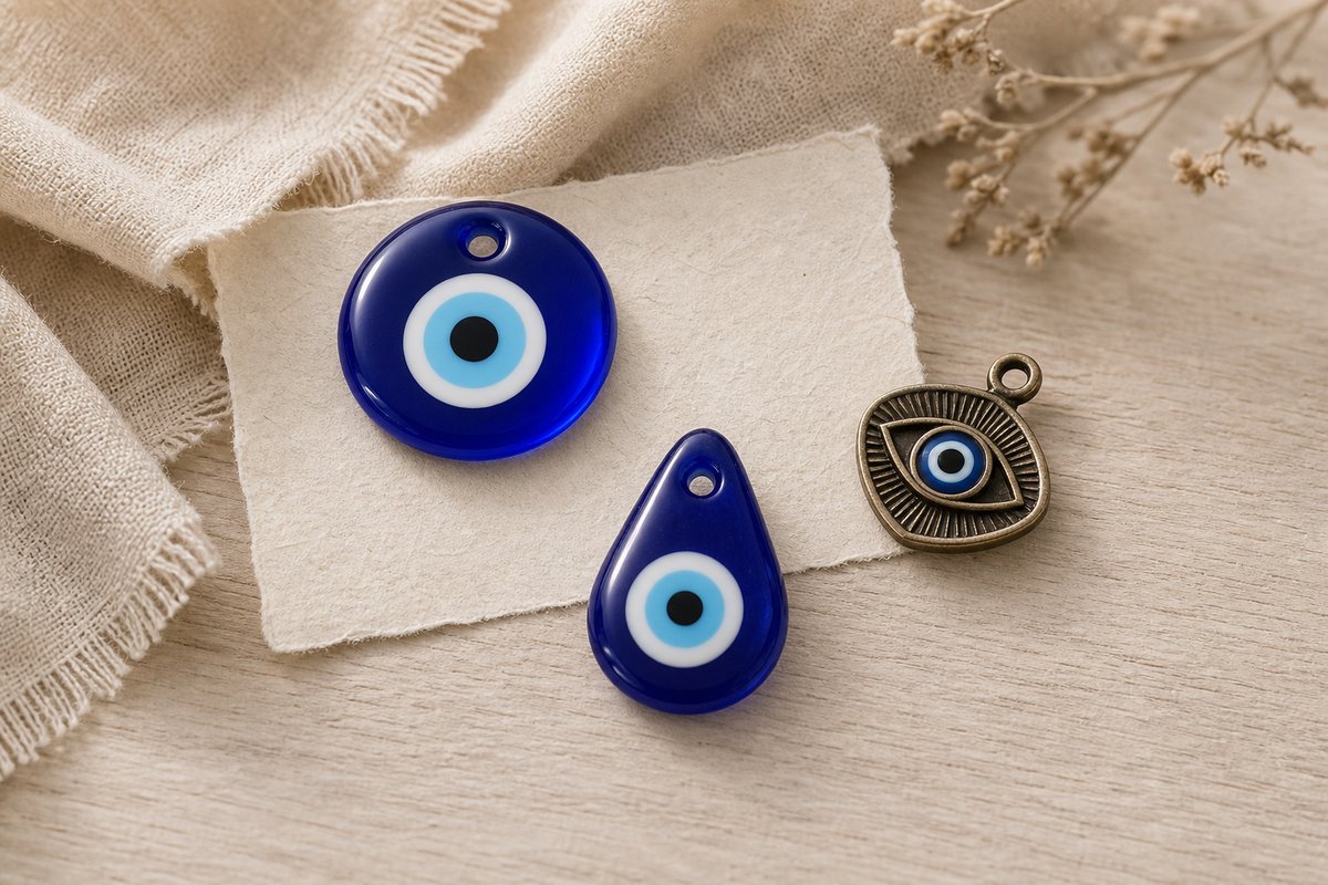 Round, teardrop, and metal evil eye amulet forms arranged separately on warm linen