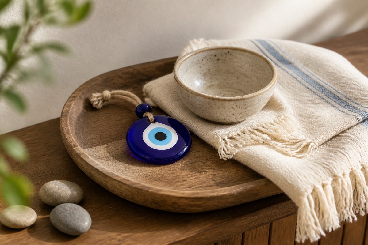 Blue evil eye amulet on a warm wood tray with linen and a small ceramic bowl
