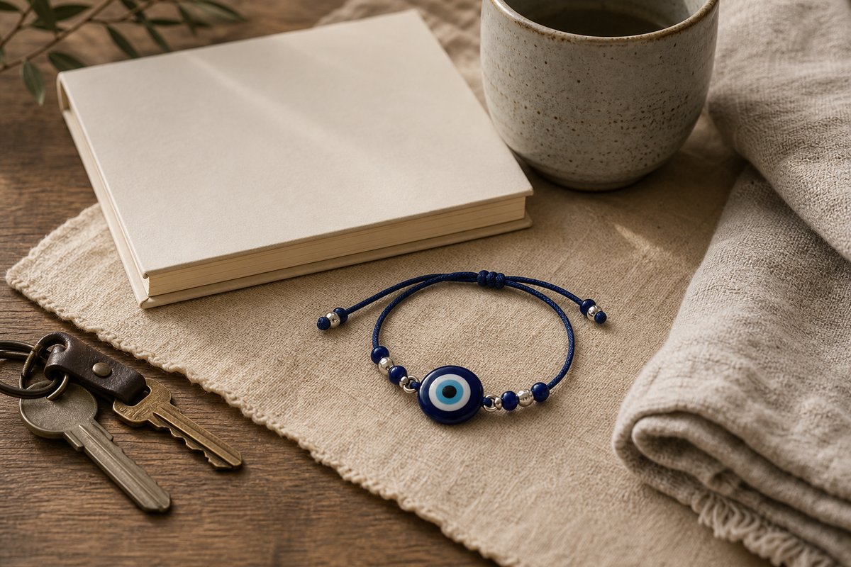 Blue evil eye bracelet beside a blank notebook, keys, ceramic cup, and folded cloth