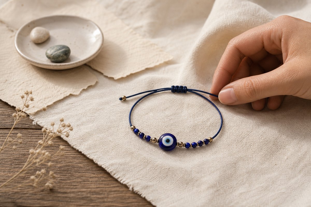 Blue and white evil eye bracelet resting on warm linen with a hand nearby