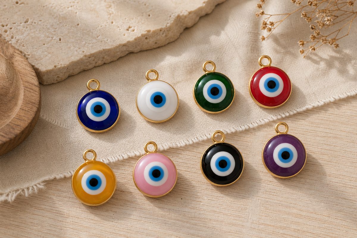 Blue, green, red, gold, white, pink, black, and purple evil eye beads on warm linen