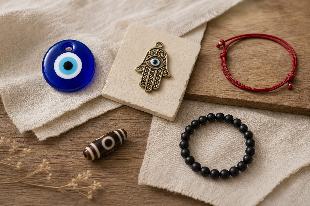 Nazar bead, hamsa charm, red string bracelet, Dzi bead, and black stone bracelet kept separate on linen
