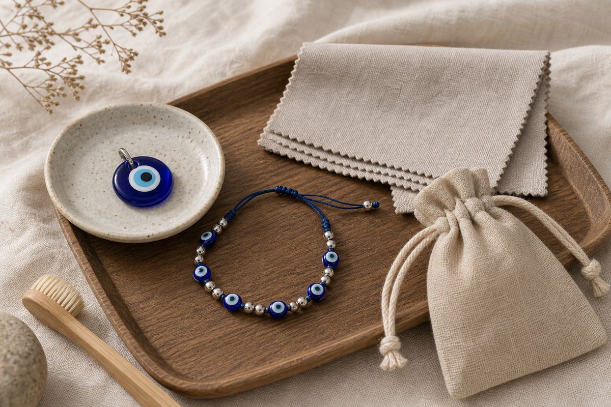Evil eye bracelet and glass charm beside a dry soft cloth and jewelry pouch
